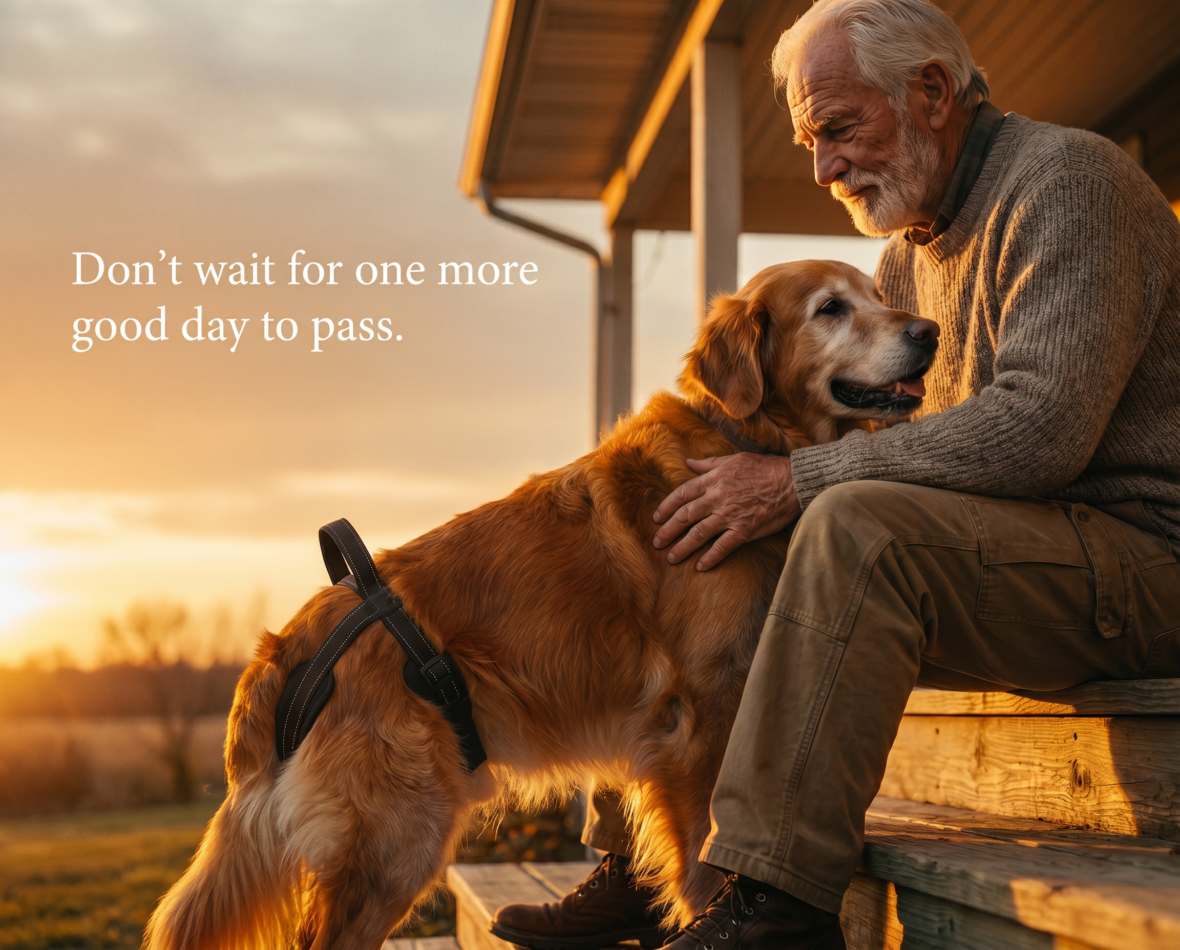 An older man sits on porch steps at sunset with his senior golden retriever, who wears a rear-support sling.