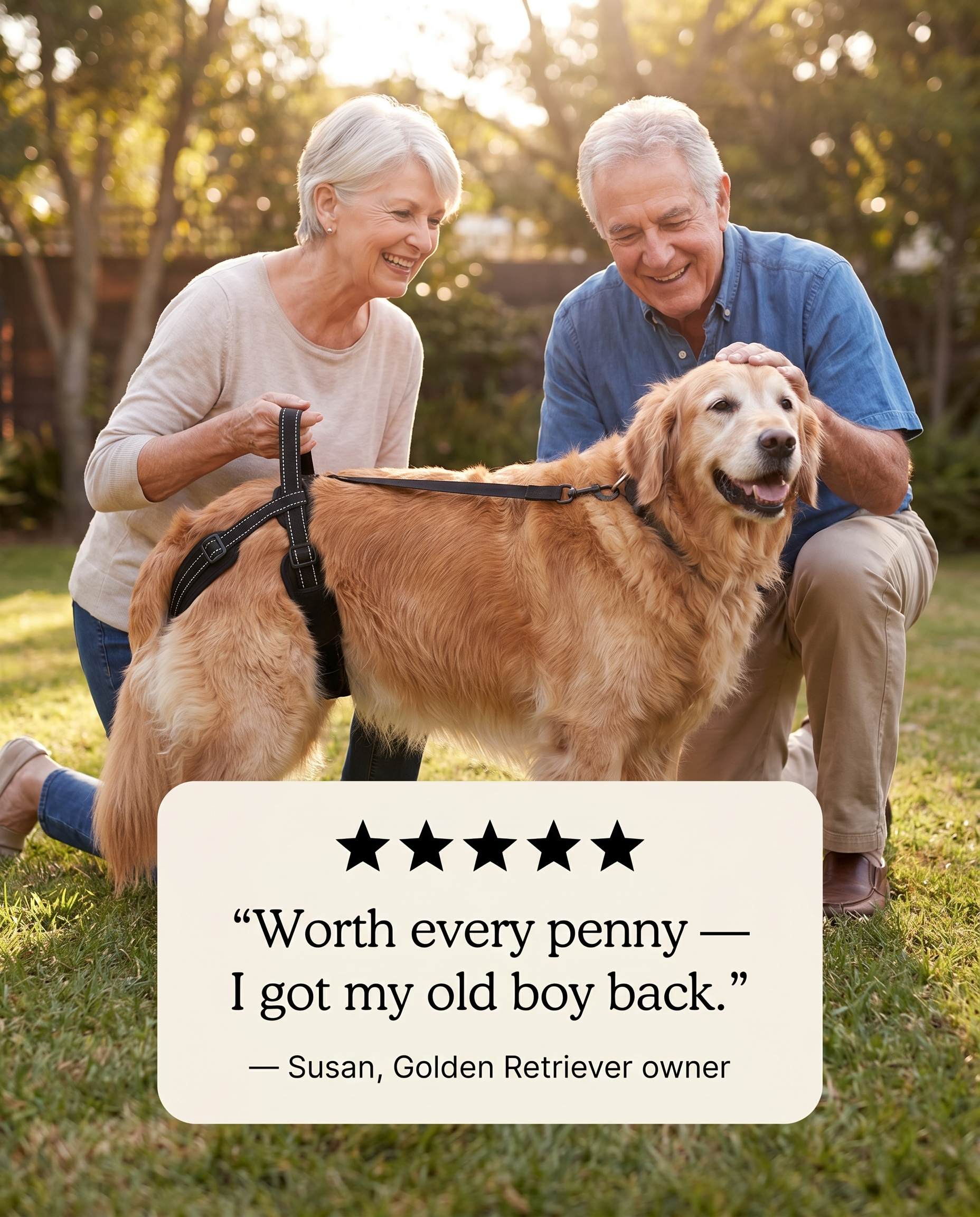 An older couple smiles as they support their golden retriever with the sling.