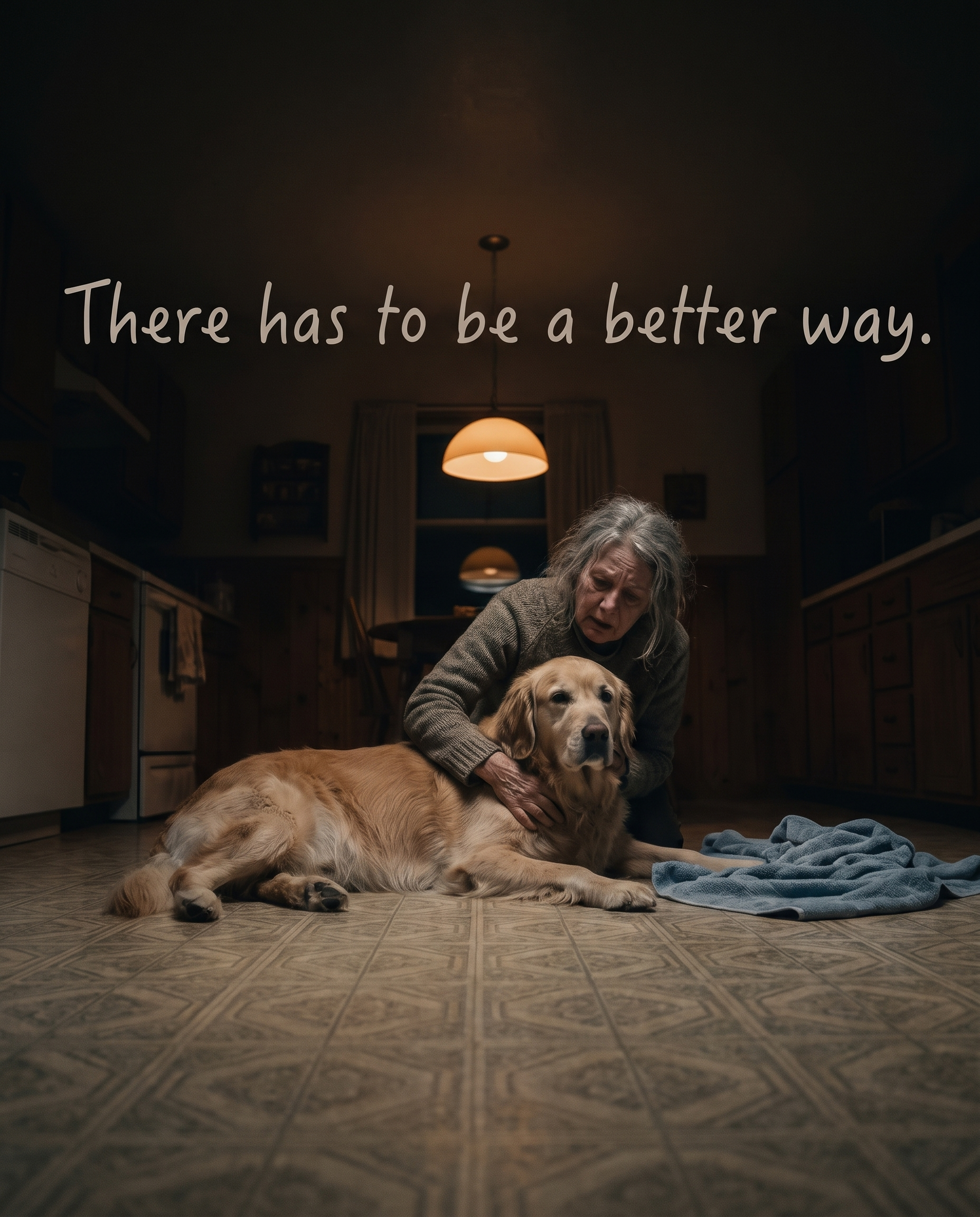 A woman kneels on a dim kitchen floor beside her senior dog and a crumpled towel.