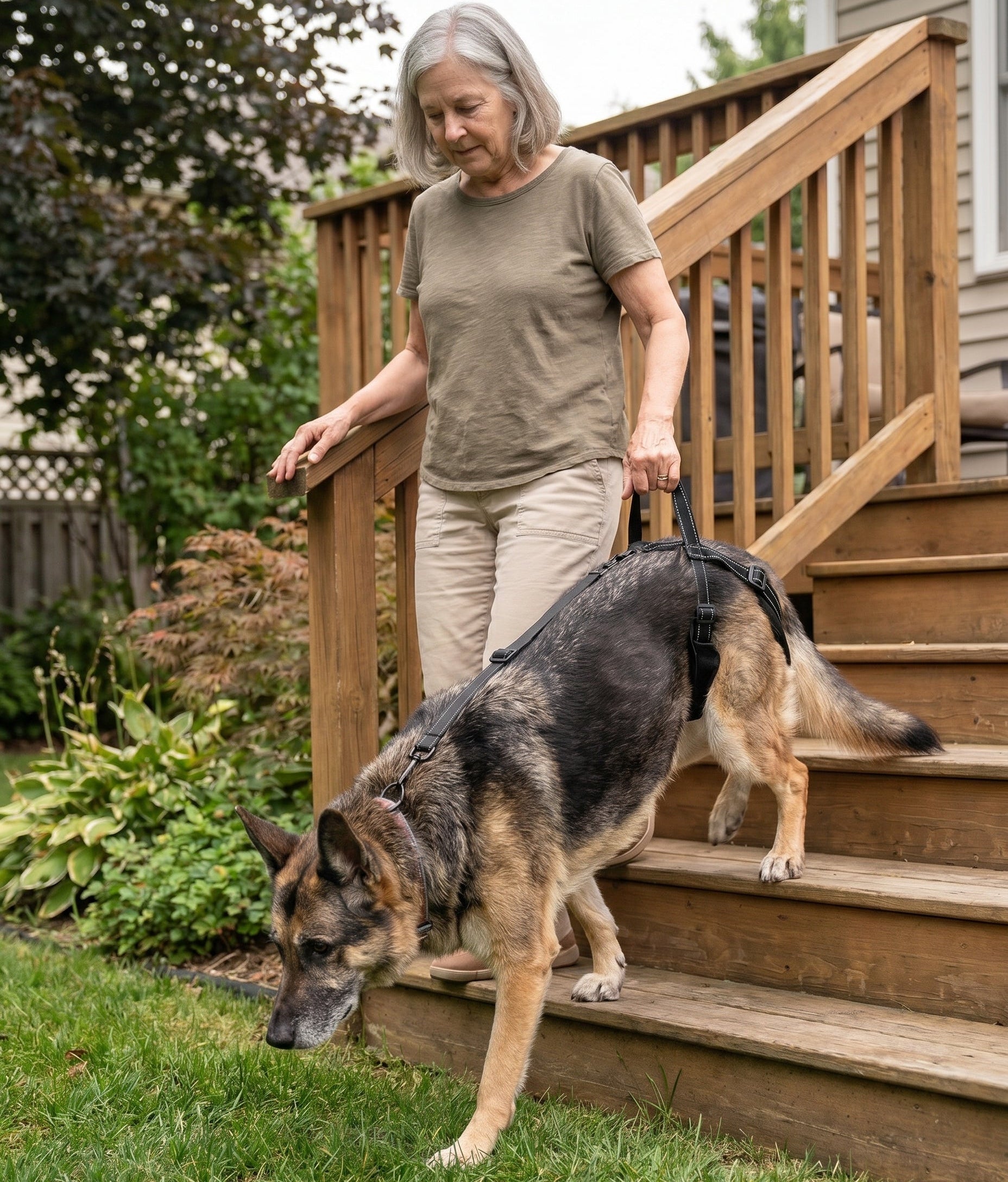 Before and after: a woman straining to lift her dog with a towel, then standing upright walking beside her dog supported by the sling.